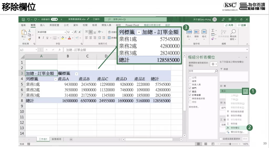 移除欄位-樞紐分析表